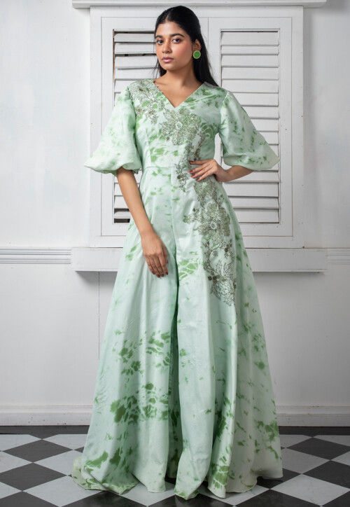 Printed Pure Chinon Chiffon Jumpsuit in Light Sea Green