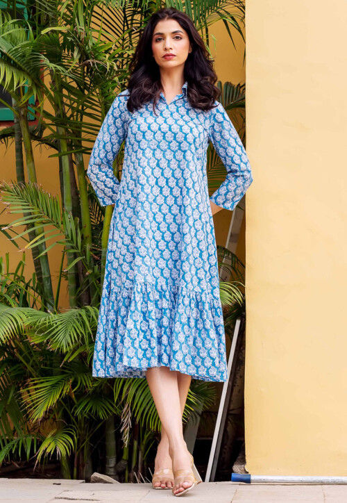 Printed Pure Cotton A Line Dress in Blue