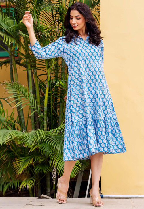Printed Pure Cotton A Line Dress in Blue