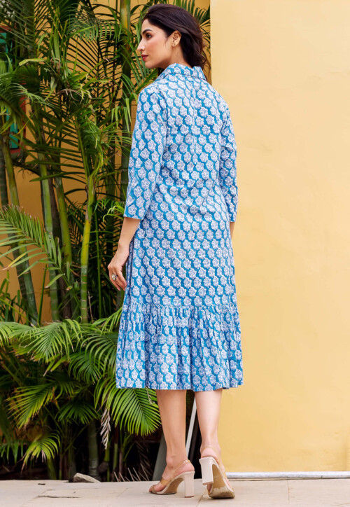 Printed Pure Cotton A Line Dress in Blue