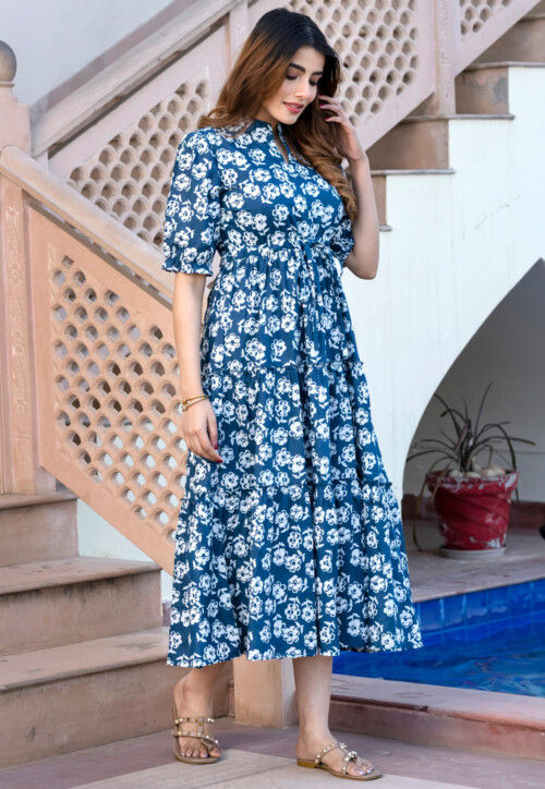 Printed Pure Cotton A Line Dress in Dark Blue