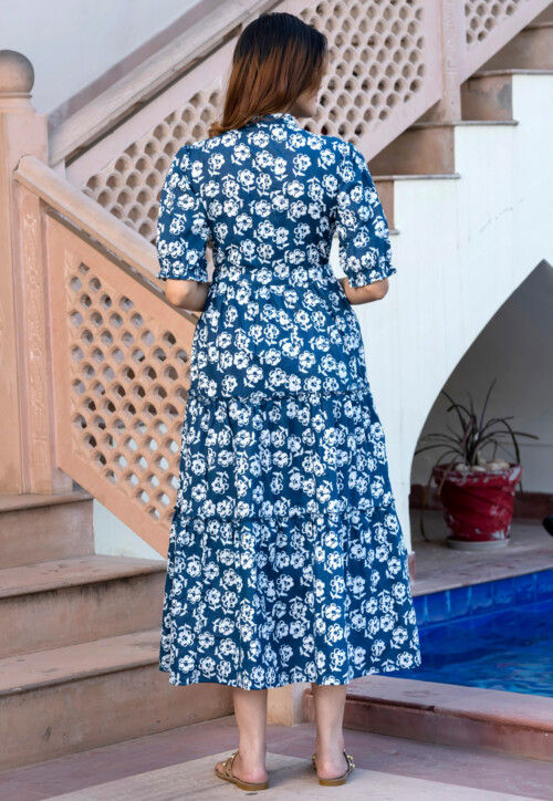 Printed Pure Cotton A Line Dress in Dark Blue