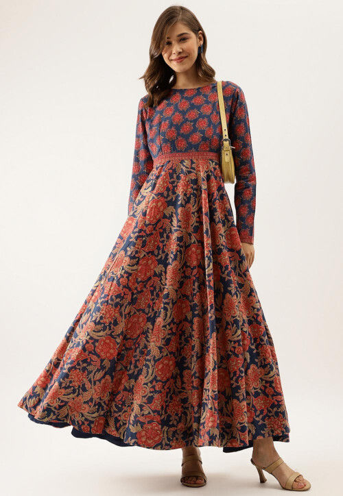 Printed Pure Cotton A Line Kurta in Navy Blue