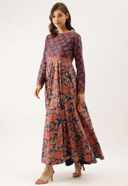 Printed Pure Cotton A Line Kurta in Navy Blue