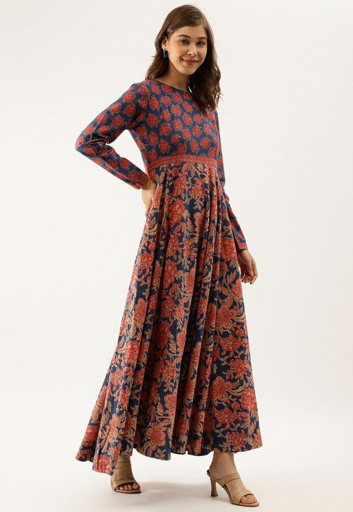 Printed Pure Cotton A Line Kurta in Navy Blue