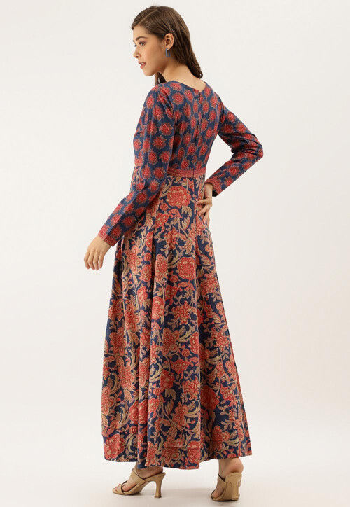 Printed Pure Cotton A Line Kurta in Navy Blue