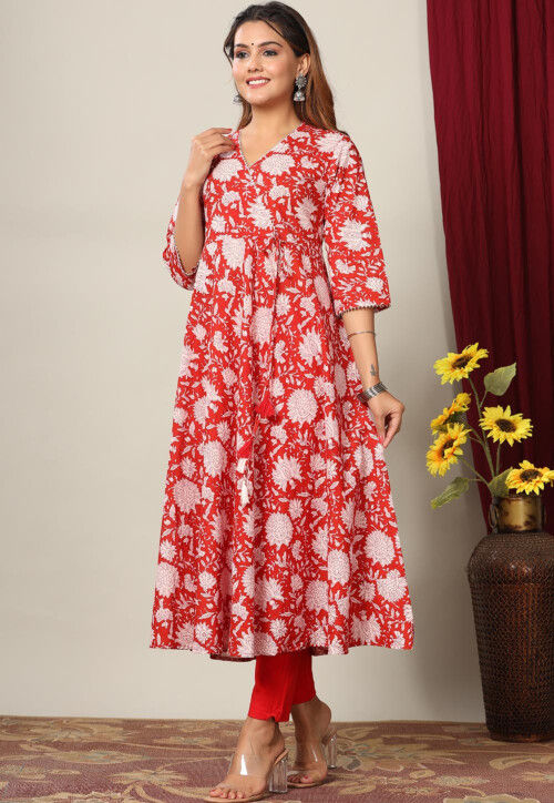Red Printed 3/4 Sleeve Cotton Kurta