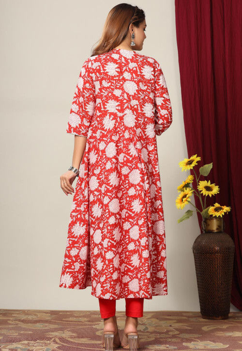 Red Printed Half Sleeve Low High Cotton Kurta main image 1