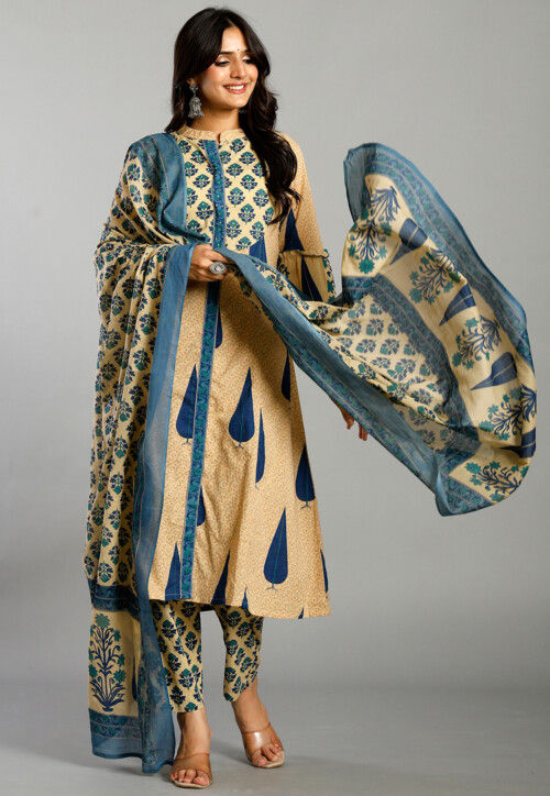 Line Patterned Suit Buy Printed Pure Cotton A Line Suit in Beige Online : KJL2555 - Utsav ...