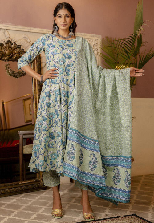 Printed Pure Cotton A Line Suit in Dusty Green