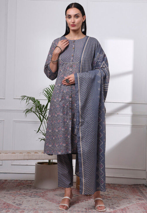 Printed Pure Cotton A Line Suit in Grey