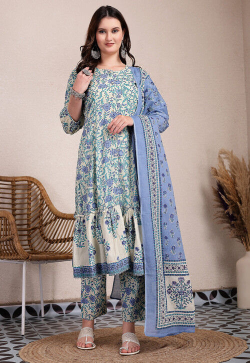Printed Pure Cotton A Line Suit in Light Beige