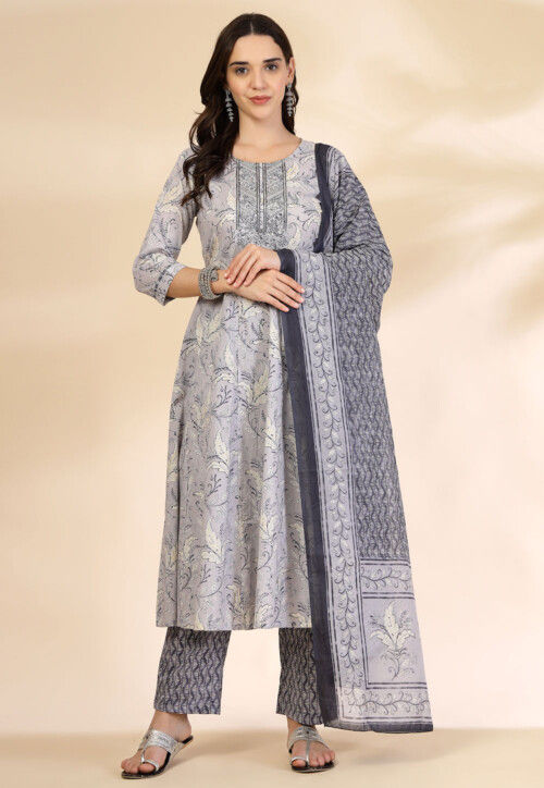 Printed Pure Cotton A Line Suit in Light Grey