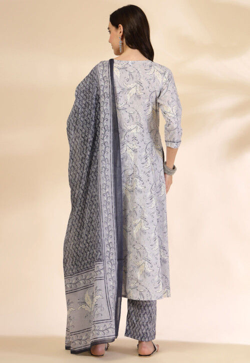 Printed Pure Cotton A Line Suit in Light Grey