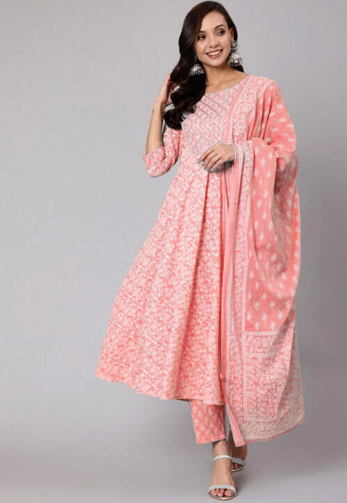 Printed Pure Cotton A Line Suit in Peach