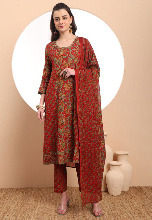 Printed Pure Cotton A Line Suit in Red
