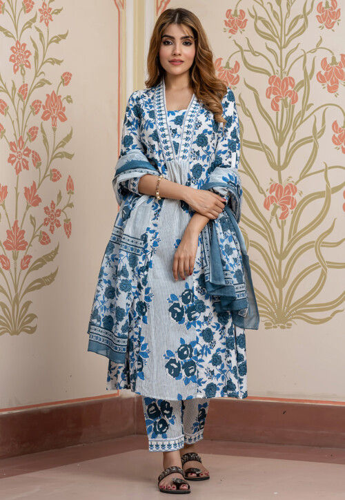 Blue Printed A-Line Pure Cotton Suit Set With Dupatta