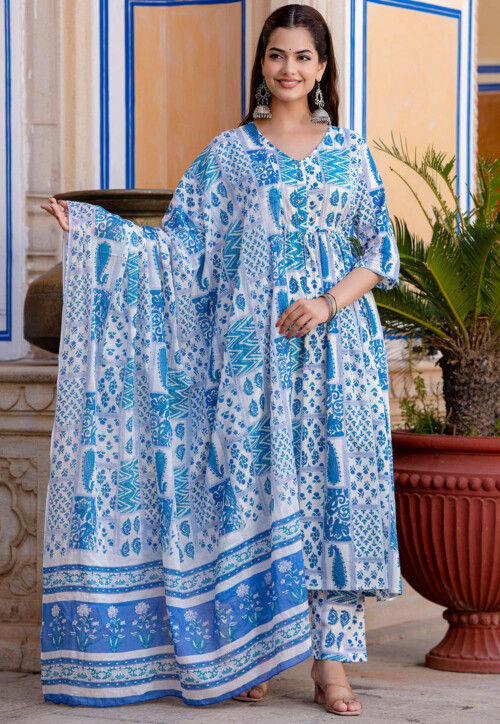Line Patterned Suit Buy Printed Pure Cotton A Line Suit in White and Blue Online : KTF949 ...