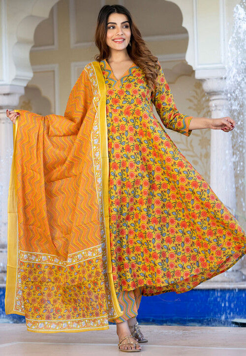 Printed Pure Cotton A Line Suit in Yellow