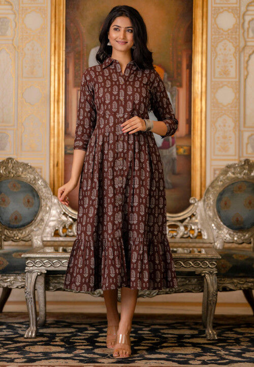 Buy Printed Pure Cotton Aline Dress in Dark Brown Online TUV839 Utsav Fashion
