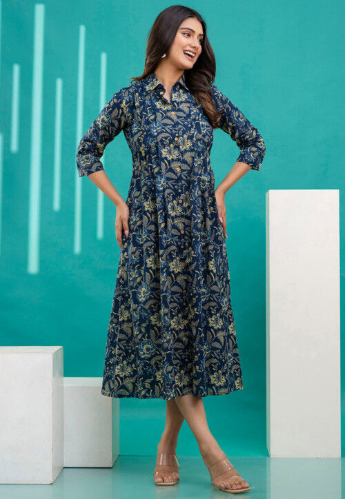 Printed Pure Cotton Aline Dress in Navy Blue