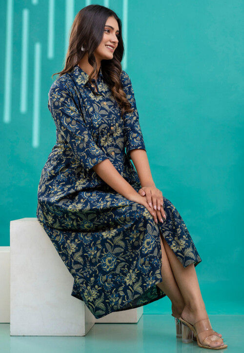 Printed Pure Cotton Aline Dress in Navy Blue