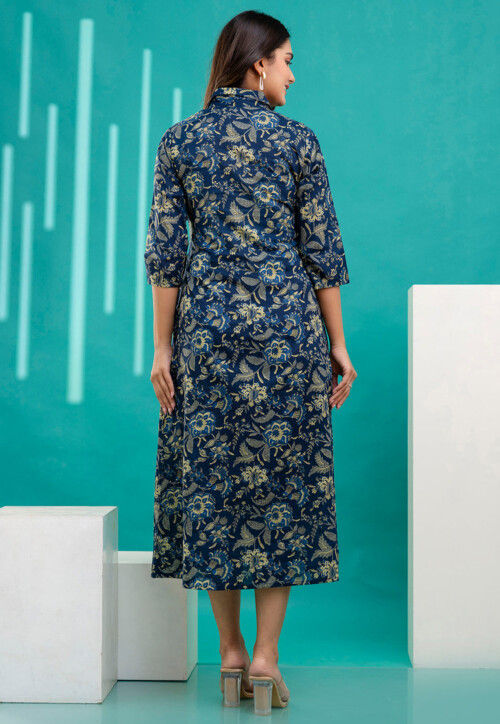 Printed Pure Cotton Aline Dress in Navy Blue
