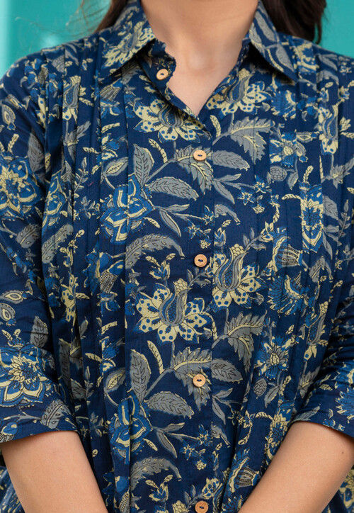 Printed Pure Cotton Aline Dress in Navy Blue