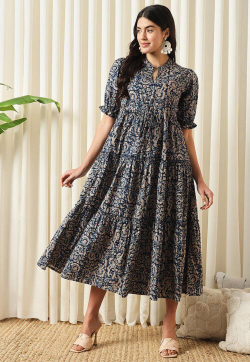 Printed Pure Cotton Aline Dress in Navy Blue Printed Pure Cotton Aline Dress in Navy Blue