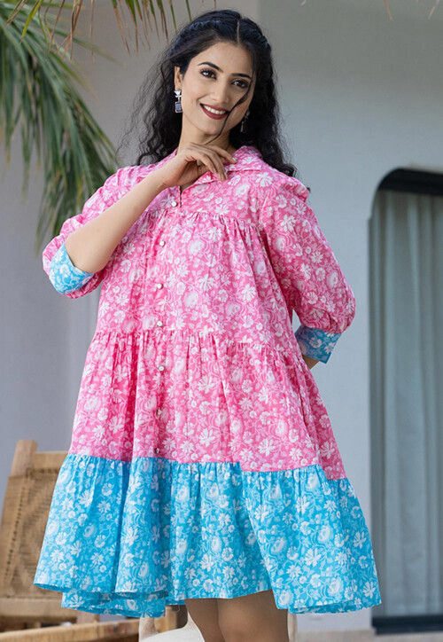 Buy Printed Pure Cotton Aline Dress in Pink and Blue Online : TXR1132 -  Utsav Fashion