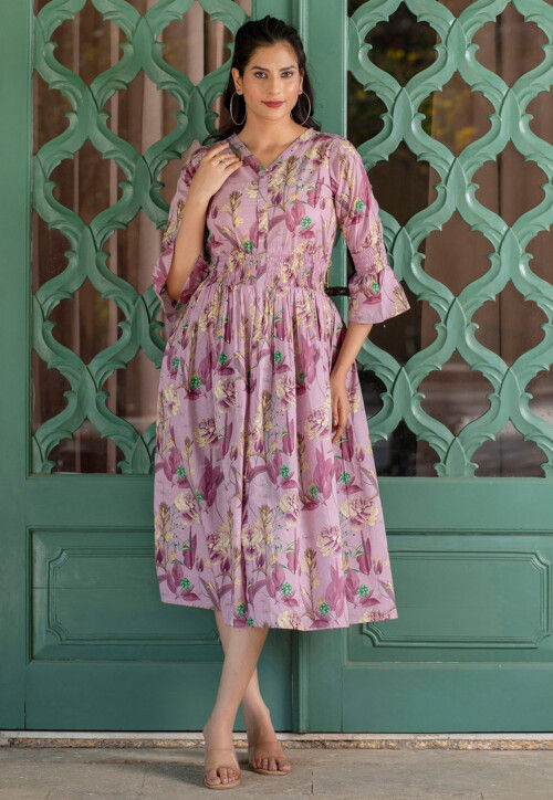 Printed Pure Cotton Aline Dress in Purple