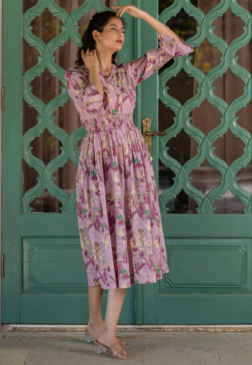 Printed Pure Cotton Aline Dress in Purple