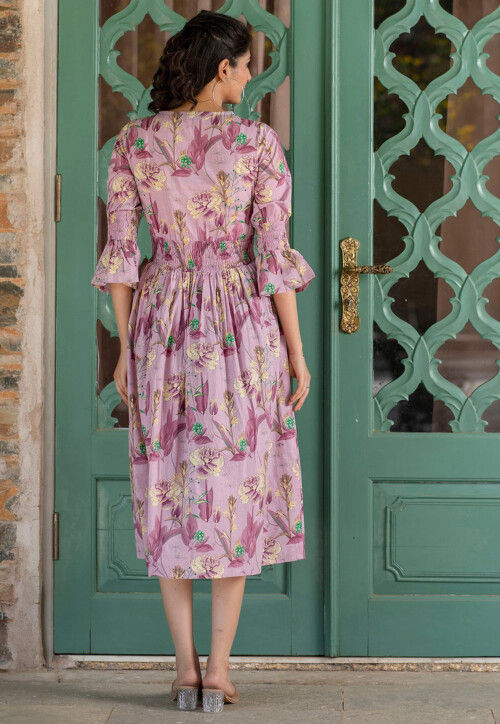 Printed Pure Cotton Aline Dress in Purple