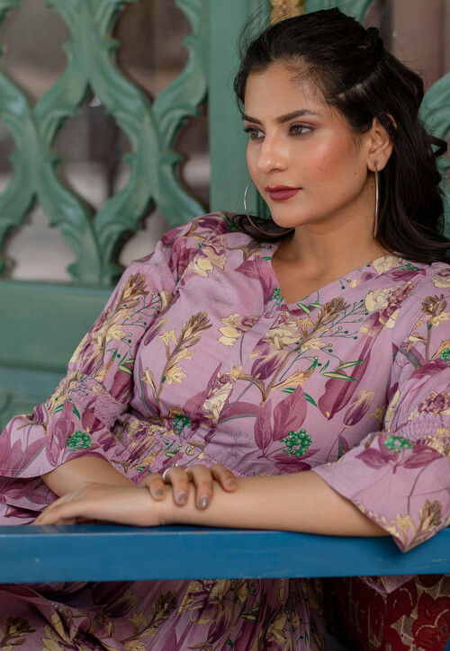 Printed Pure Cotton Aline Dress in Purple