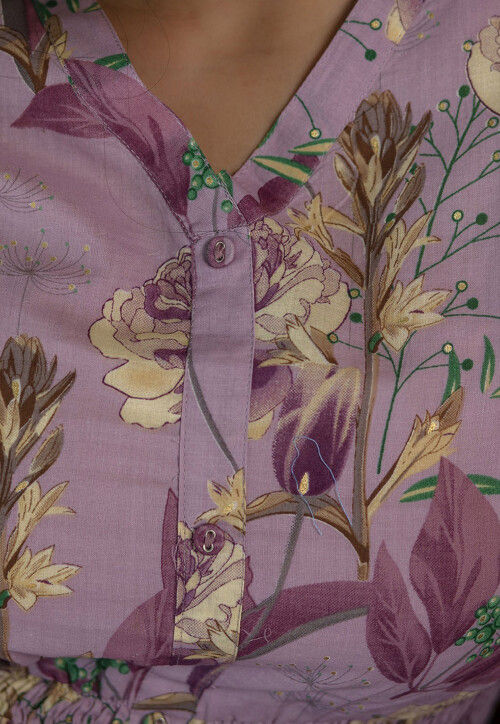 Printed Pure Cotton Aline Dress in Purple