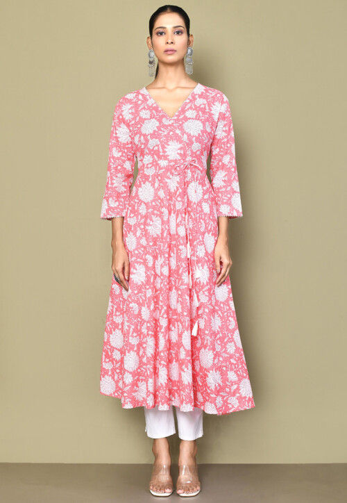 Printed Pure Cotton Aline Kurta in Peach