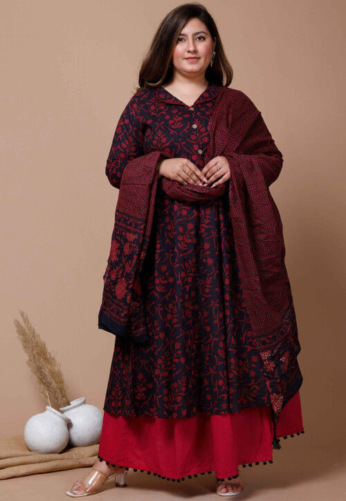 Printed Pure Cotton Aline Suit in Black