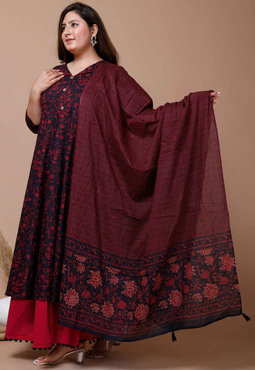 Printed Pure Cotton Aline Suit in Black