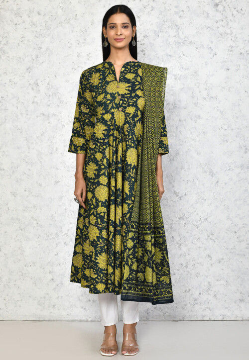 Printed Pure Cotton Aline Suit in Dark Green