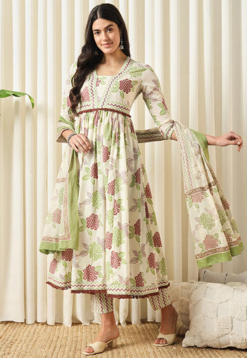 Printed Pure Cotton Aline Suit in Off White