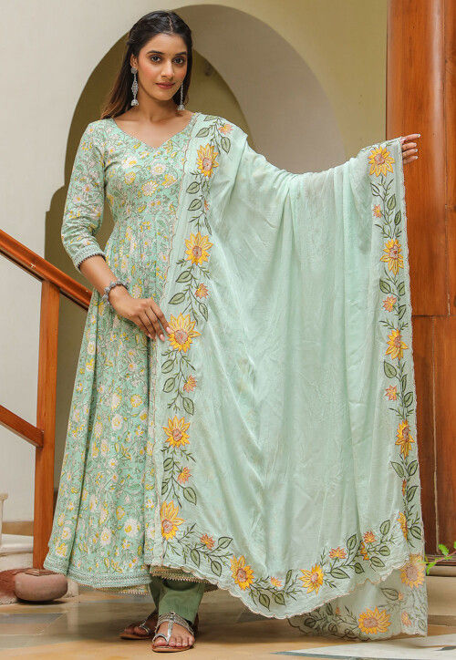 Printed Pure Cotton Aline Suit in Pastel Green
