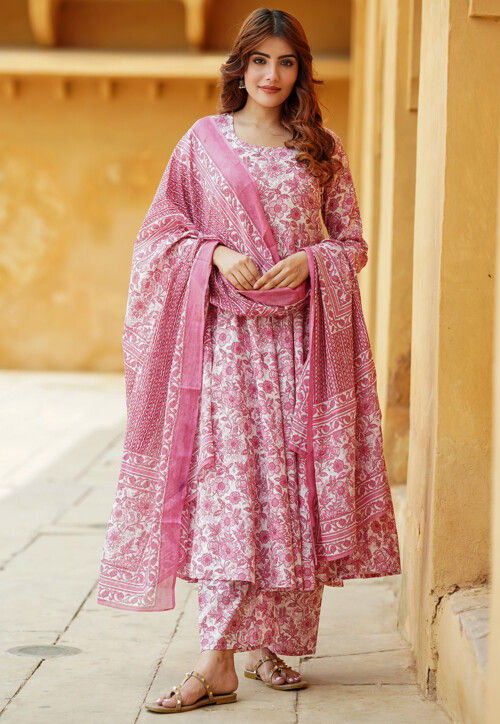 Printed Pure Cotton Aline Suit in Pink and White