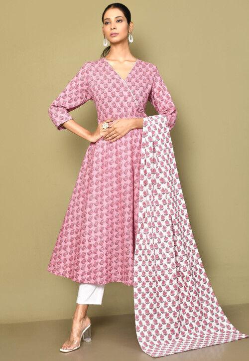 Printed Pure Cotton Aline Suit in Pink