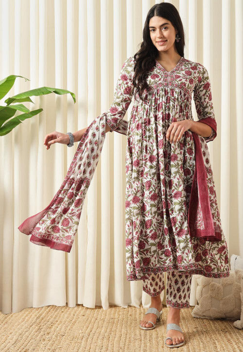 Printed Pure Cotton Aline Suit in White