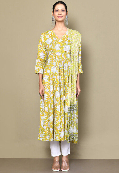 Printed Pure Cotton Aline Suit in Yellow