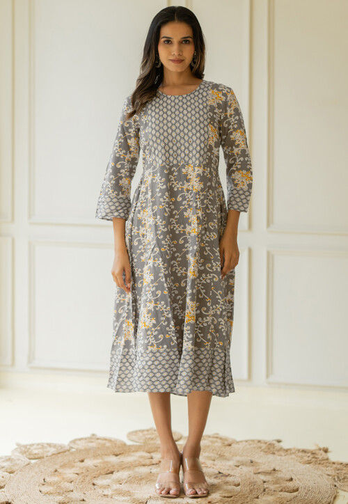Printed Pure Cotton Anarkali Kurta in Grey