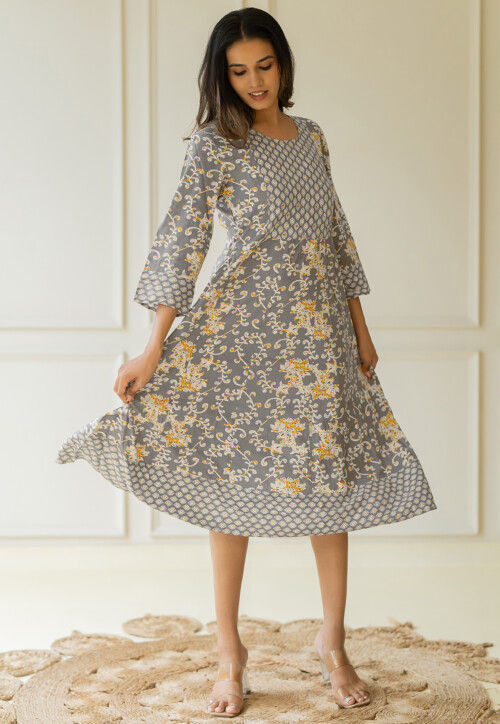 Printed Pure Cotton Anarkali Kurta in Grey