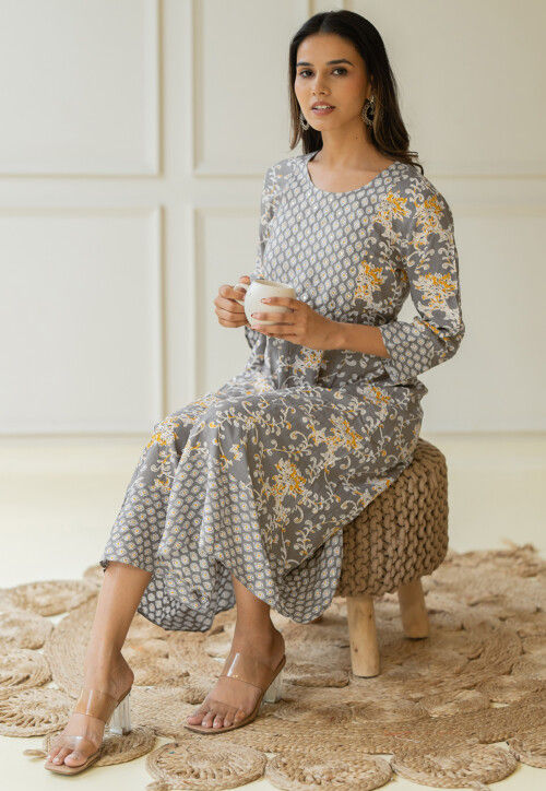 Printed Pure Cotton Anarkali Kurta in Grey