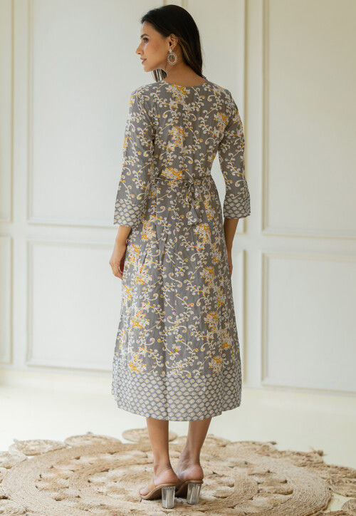 Printed Pure Cotton Anarkali Kurta in Grey