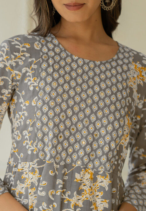 Printed Pure Cotton Anarkali Kurta in Grey